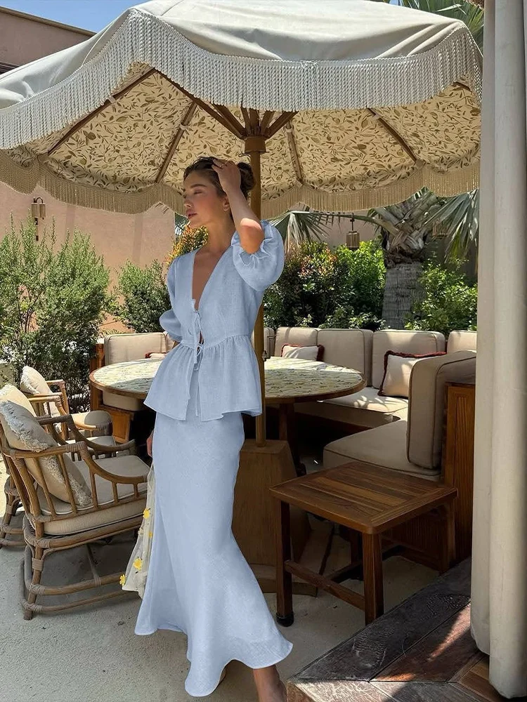 Summer Beach Solid Color Matching Set, Puff Sleeve Peplum Top and High Waist Mermaid Maxi Skirt
