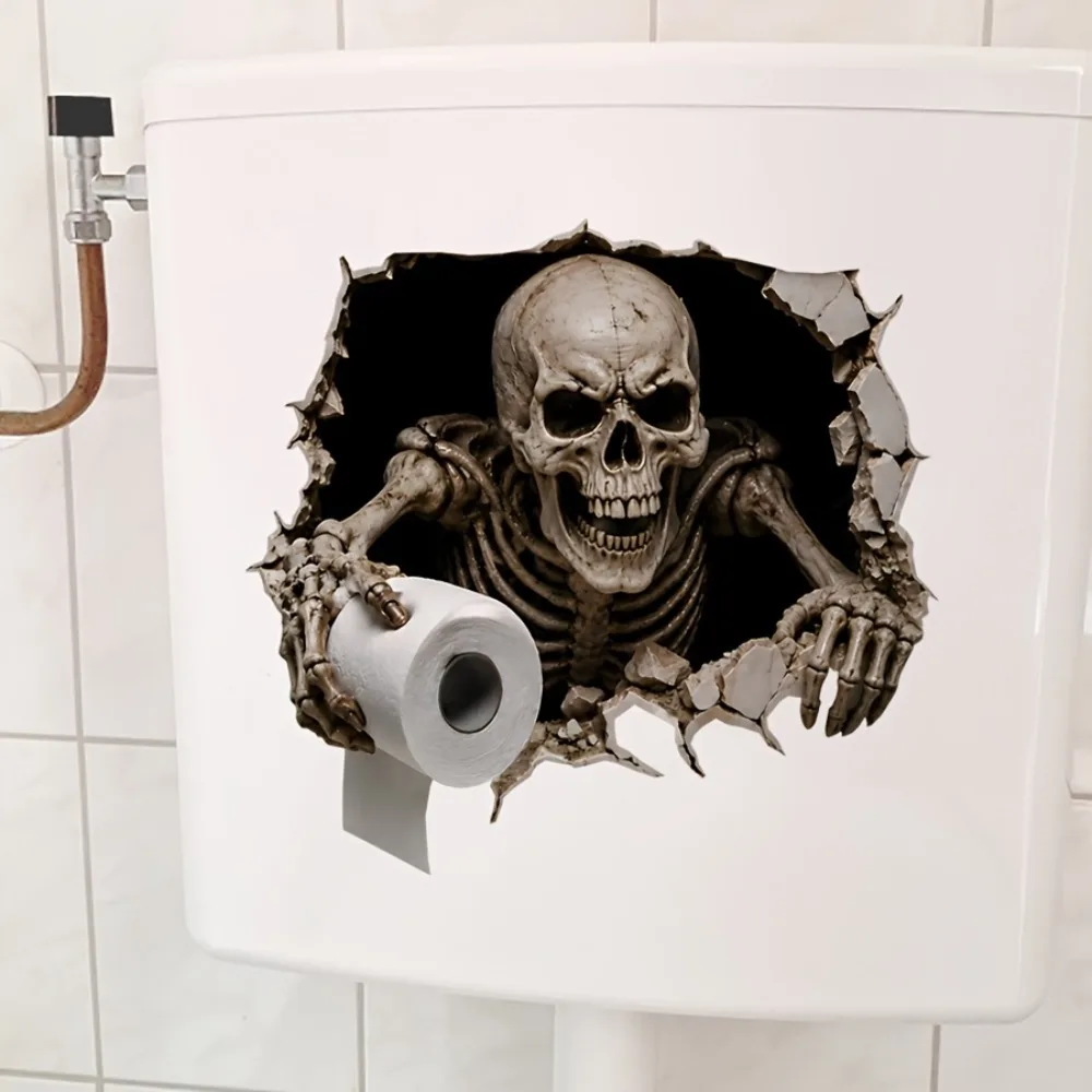 2PCS Halloween Self Adhesive Broken Wall Skeleton Stickers PVC Toilet Stickers Bathroom Restroom Spooky Funny Toilet Decoration