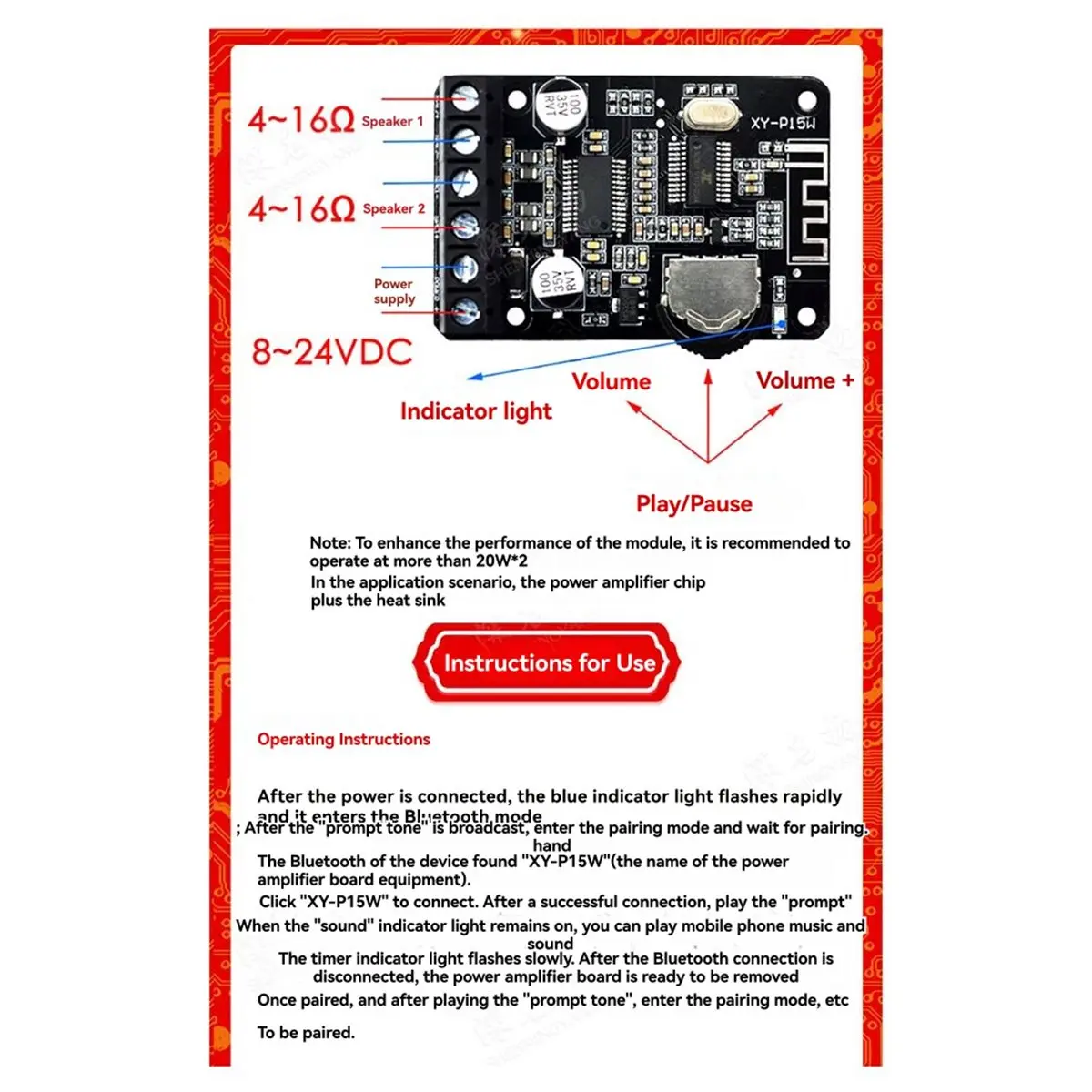 

(BABQ) 5 шт. Цифровой усилительный модуль XY-P15W высокой мощности DC12V/24V 10W/15W/20W, стерео плата усилителя мощности Bluetooth 5.0