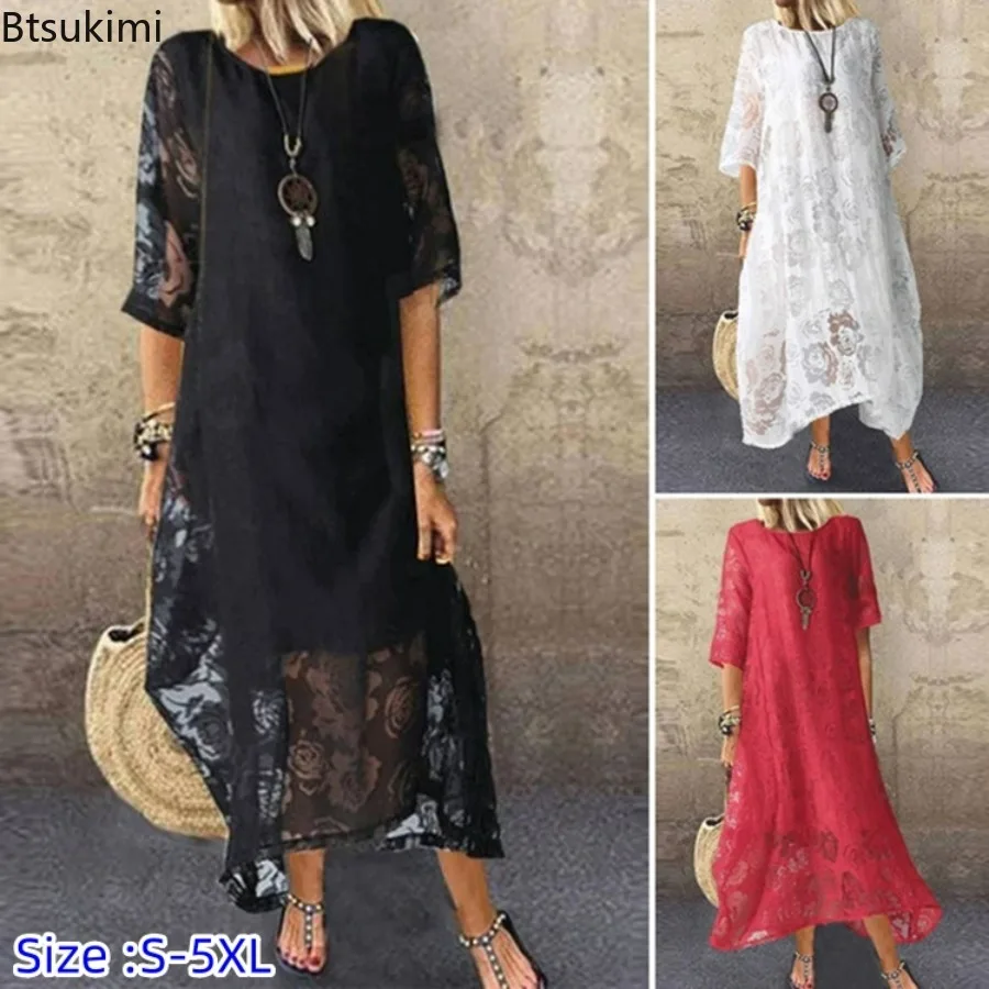 2024 Women\'s Elegant Short Sleeve Lace Design Long Dress for Summer Oversized Ladies Solid Club Party Evening Dress Vestidos 5XL