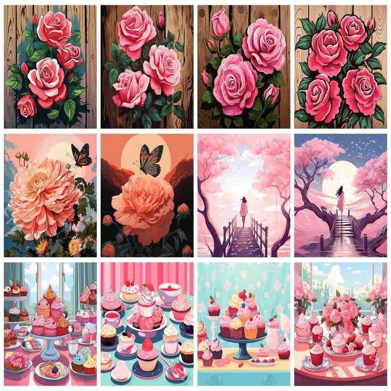 RUOPOTY Picture With Numbers Pink Roses Acrylic Paint Paintings Art Supplies By Number Kits Art Painting House Wall Decoration