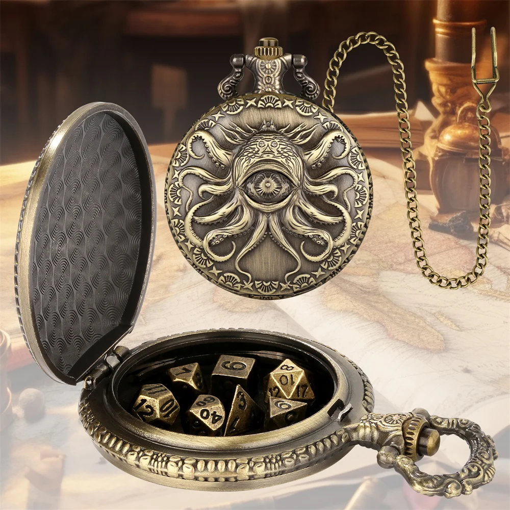 Vintage Octopus Eye Design Pocket Watch Case with 7pcs/Set Mini Polyhedral Metal Dice Set Table Role Play Gaming Dices