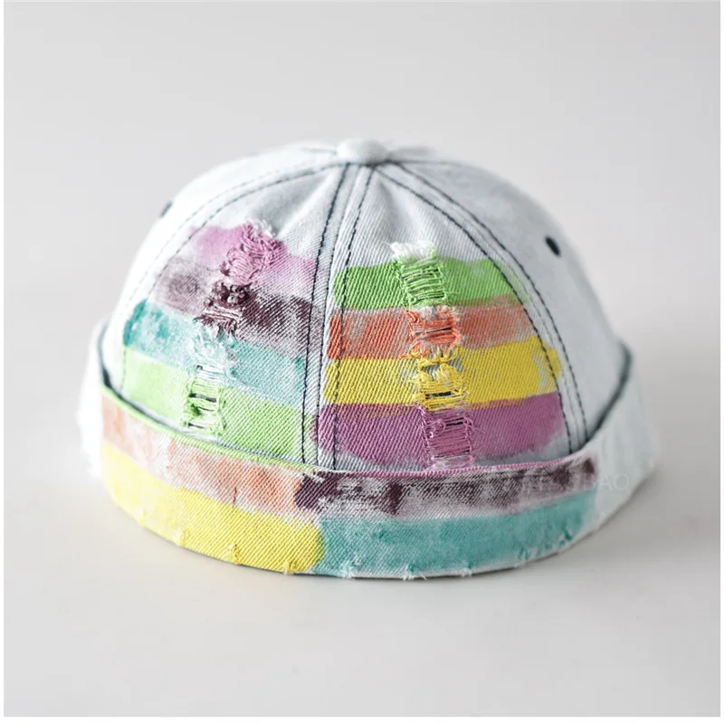 

Vintage Painted Rainbow Denim Docker Cap Unisex Distressed Ripped Brimless Hat for Women Men Daily Outdoor Streetwear