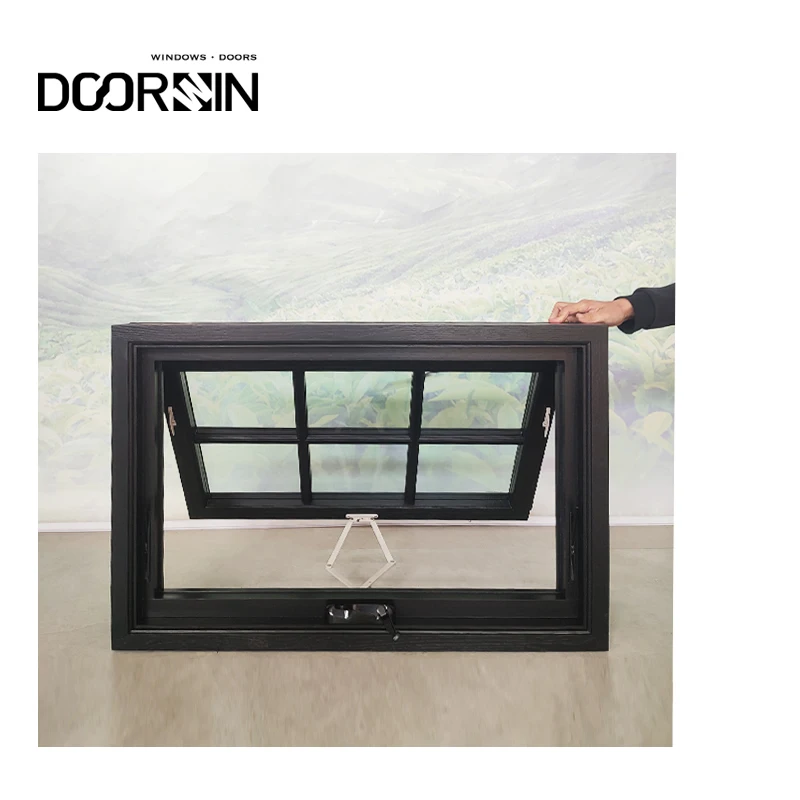 Doorwin Factory European Standard Black Color Grill Wooden Window Design Double Toughened Glass Wood Awning Window