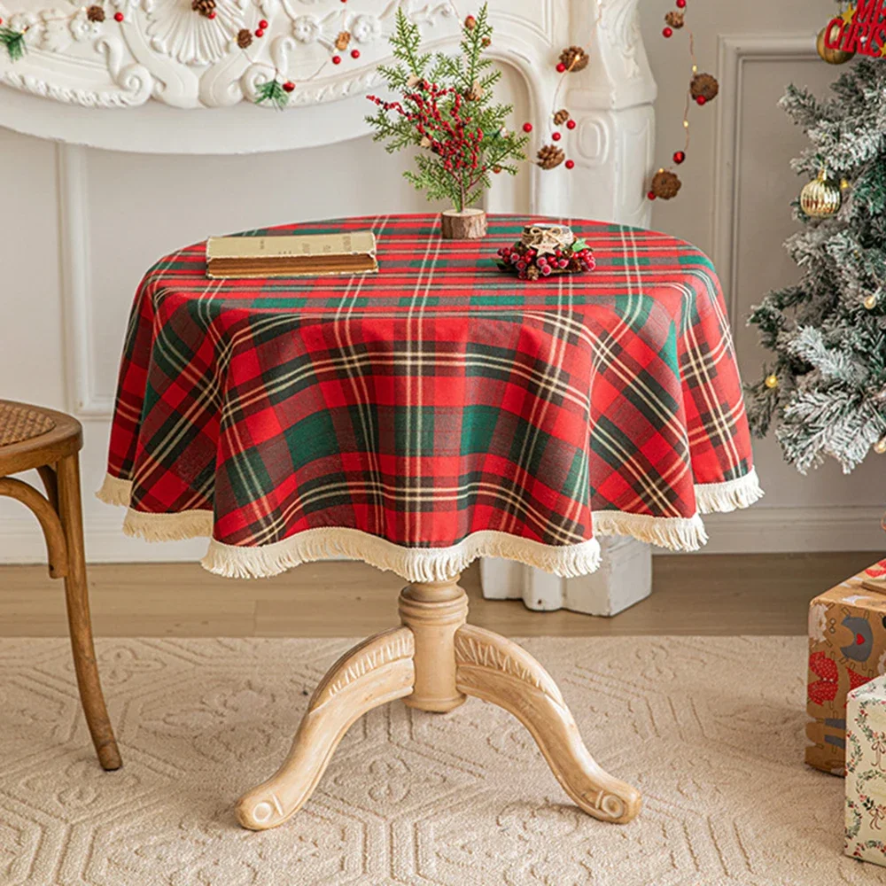 Vintage Christmas Tablecloth Red and Green Plaid Christmas Table Cloth New Year Decoration Home Dining Room Round Table Cloths