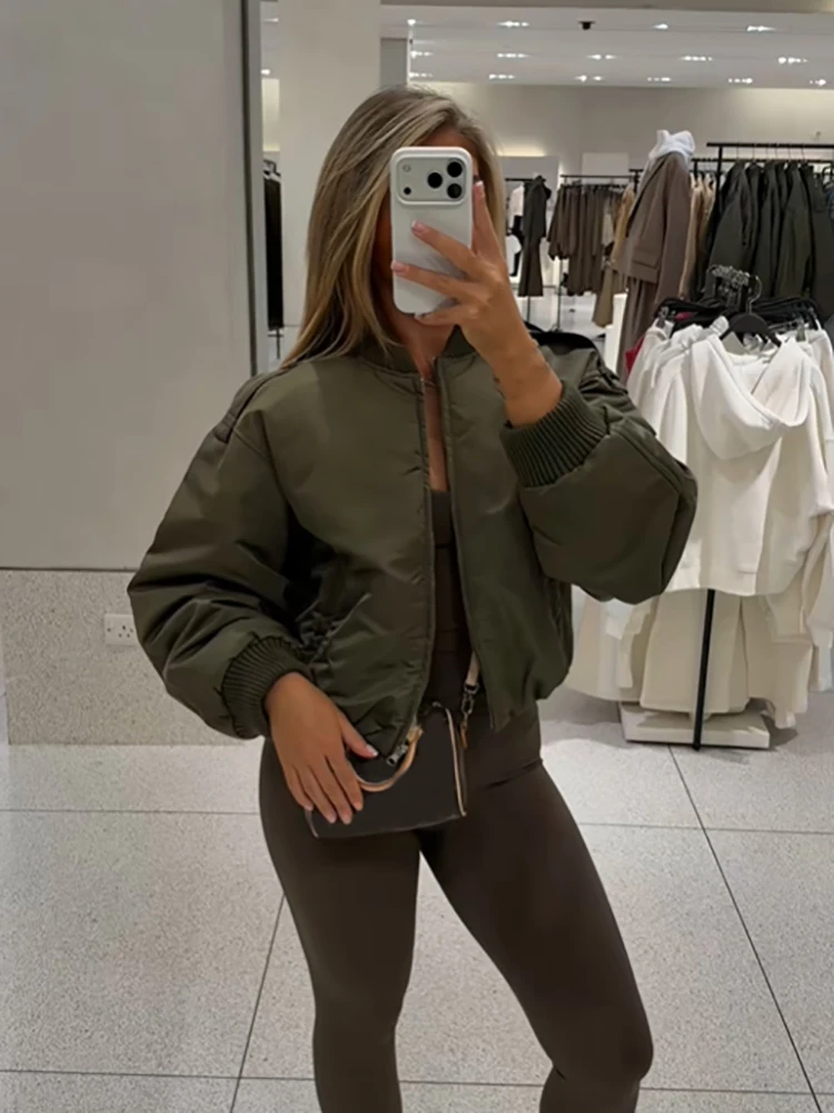 Vintage Army Green Stand Collar Jacket  Women Chic Zip Up Flight Contrast Orange Lining Coat  Fall Winter Daily Street Outerwear