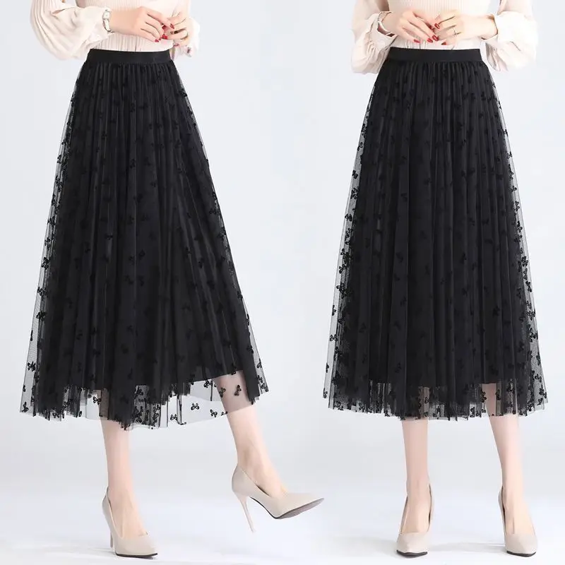 

Spring Summer New High-waisted Slim Pleated Gauze Skirt Flocking Bow Mesh Mid-length Reversible Skirt Length 81CM