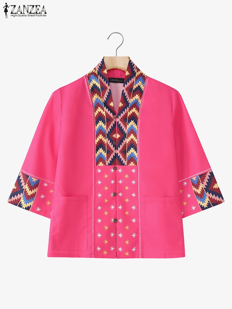 Vintage Patchwork Shirts Vrouwen Tops ZANZEA 2025 Herfst 3/4 Mouw Grote Zakken Mode Tuniek Casual Losse V-hals Tops Blusas