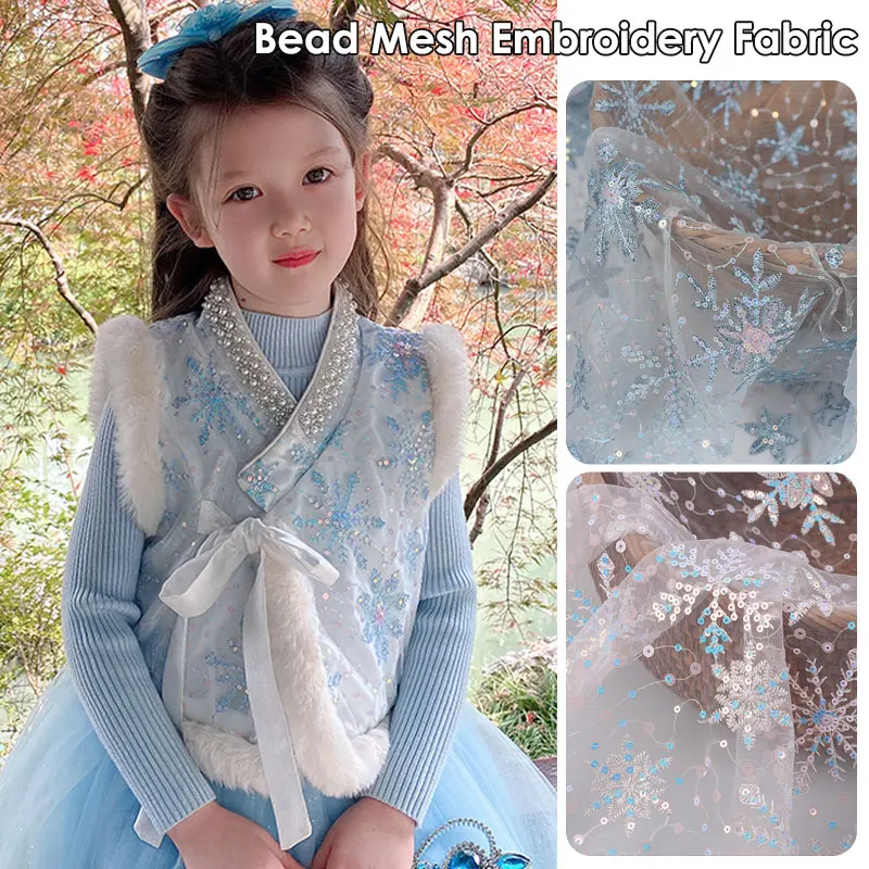 

1/2/3yard Snowflake Sequin Embroidery Mesh Fabric Blue/Pink Tulle DIY Women's Skirt Dress Children Clothing Sewing Fabric
