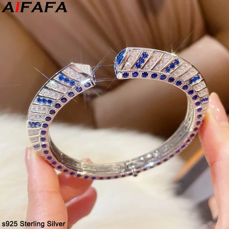 s925 Silver Blue High Carbon Diamond Bangle for Men Women Luxury Shiny Gemstone Cuff Bracelet Plate Pt950 Wristlet Hand Jewelry