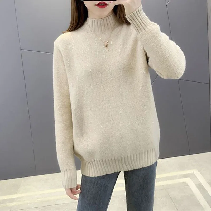 

New Autumn/Winter Fashion Trend One Piece Plush Thickened Half High Neck Loose Versatile Foreigner Women's Long Sleeve Sweater