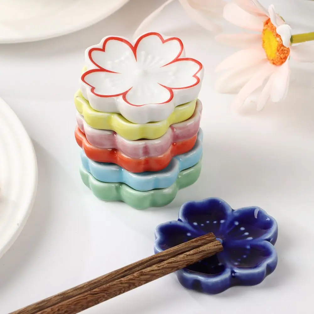 New Cute Colorful Ceramic Chopsticks Holder Sakura Blossoms Spoon Fork Chopstick Rest Tableware Stand Kitchen Dining Accessories