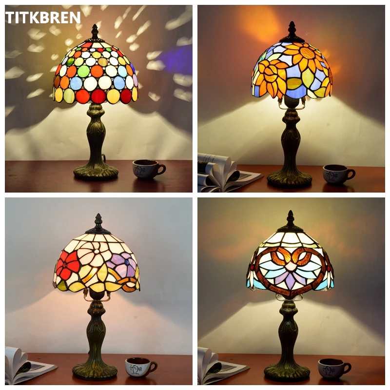 Tiffany Stained Glass Table Lamps Creative Baroque Mediterranean Rose Sun Flower Morning Glory Shade Bedroom Beautiful Lighting