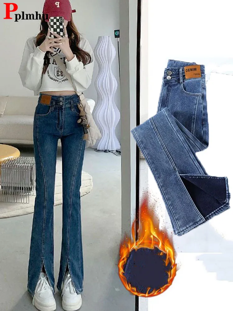 

Winter Skinny Split Flare Jeans Korean Fashion Velvet Womens Denim Trouser Casual Warm High Waist Fleece Vaqueros Thick Oversize