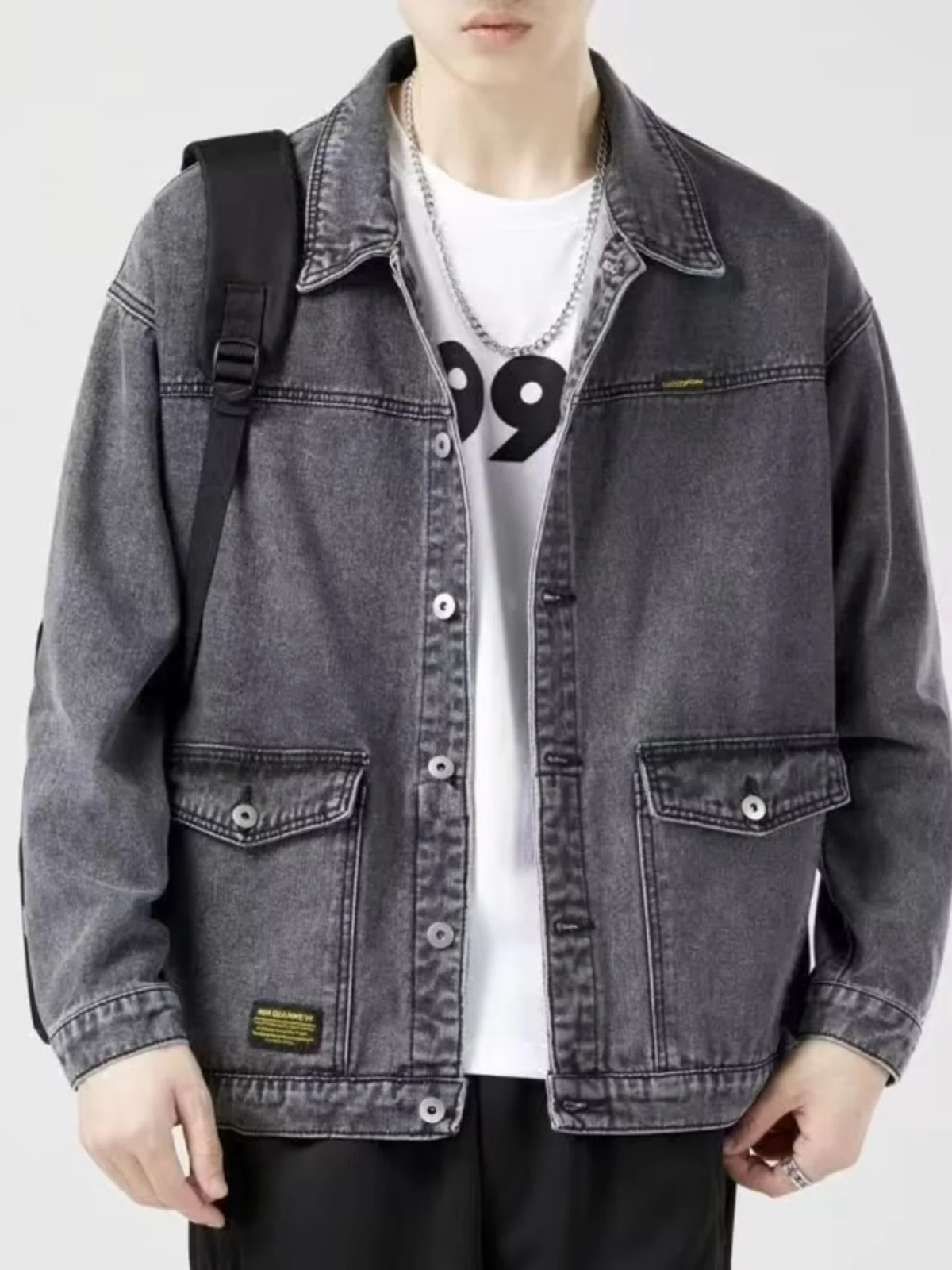 Loose Fit Casual Men's Denim Jacket Autumn Multi-Pocket Open Cardigan Coat Youth Popular Standard Size Long Sleeve Outerwear