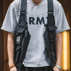 Maden-Chaleco de viento multifuncional con múltiples bolsillos para hombre, Tops sin mangas, chaleco cruzado de doble propósito, chaqueta ancha con correa para el hombro, bolso sólido