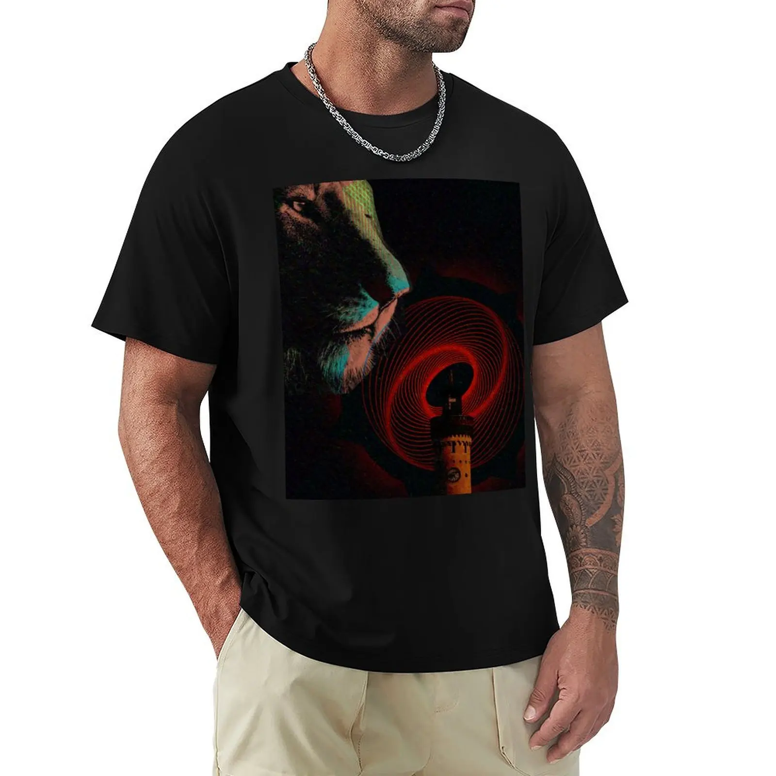 Lion Retro Electornic Lighthouse Pattern Geometry T-Shirt Urban Style Casual Short Sleeve Top