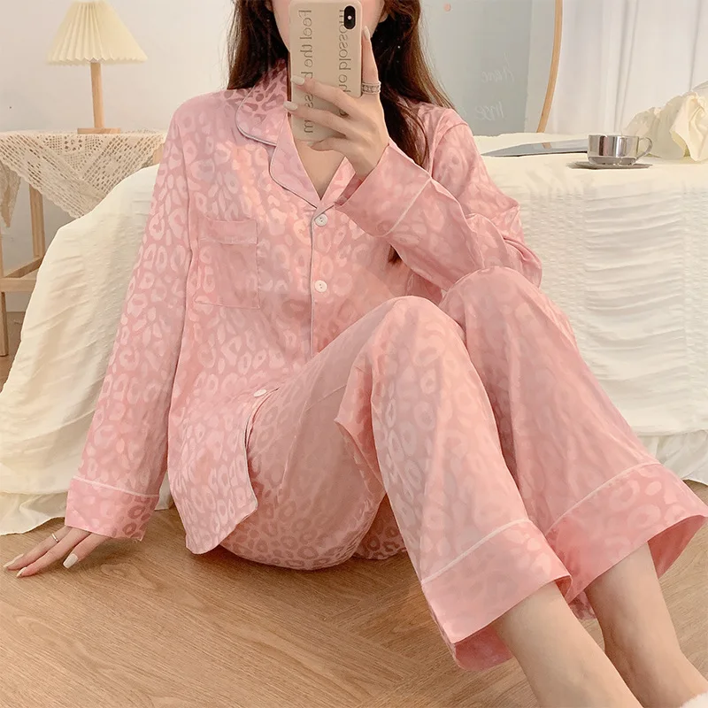 Women\'s Pajamas Sets Spring Autumn 2 Piece Leopard Pyjama Faux Silk Satin Sleepwear Long Sleeve Button Pijama Mujer Pjs Homewear