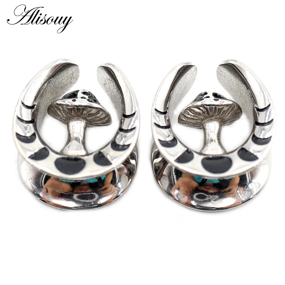 Alisouy 2PCS Stainless Steel U-shaped Mushroom Saddle Ear Tunnels Plugs Expander Stretcher Gauges Earrings Piercing Body Jewelry