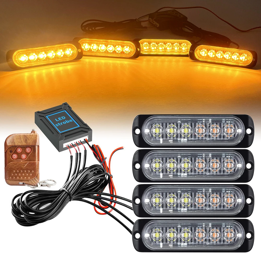 LED Grille Car Strobe Light, remoto de emergência, controle sem fio, Flash Signal, Bombeiro Beacon Aviso Lamp, 12V, 24V