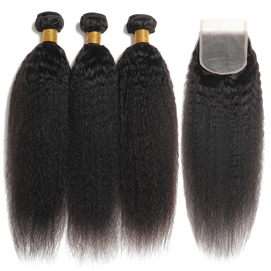 Kinky Straight Human Hair Bundles With 13X4 Frontal Raw Brazilian Yaki Straight Bundles Hair Weft With 4X4 Lace Frontal Closure