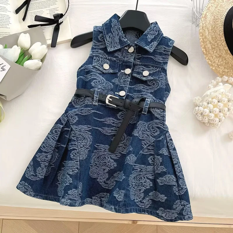 

2025Summer Girls' Denim Dress Chinese Style Retro Sleeveless Dress New Chinese Style Fashionable Vest Dress Thin Style