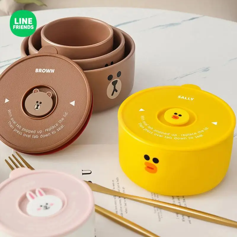 LINE FRIENDS Ceramic Freshness Bowl 3-Piece Set Cute Bento Lunch Box with Lid Sealed Microwave Oven for Office Workers