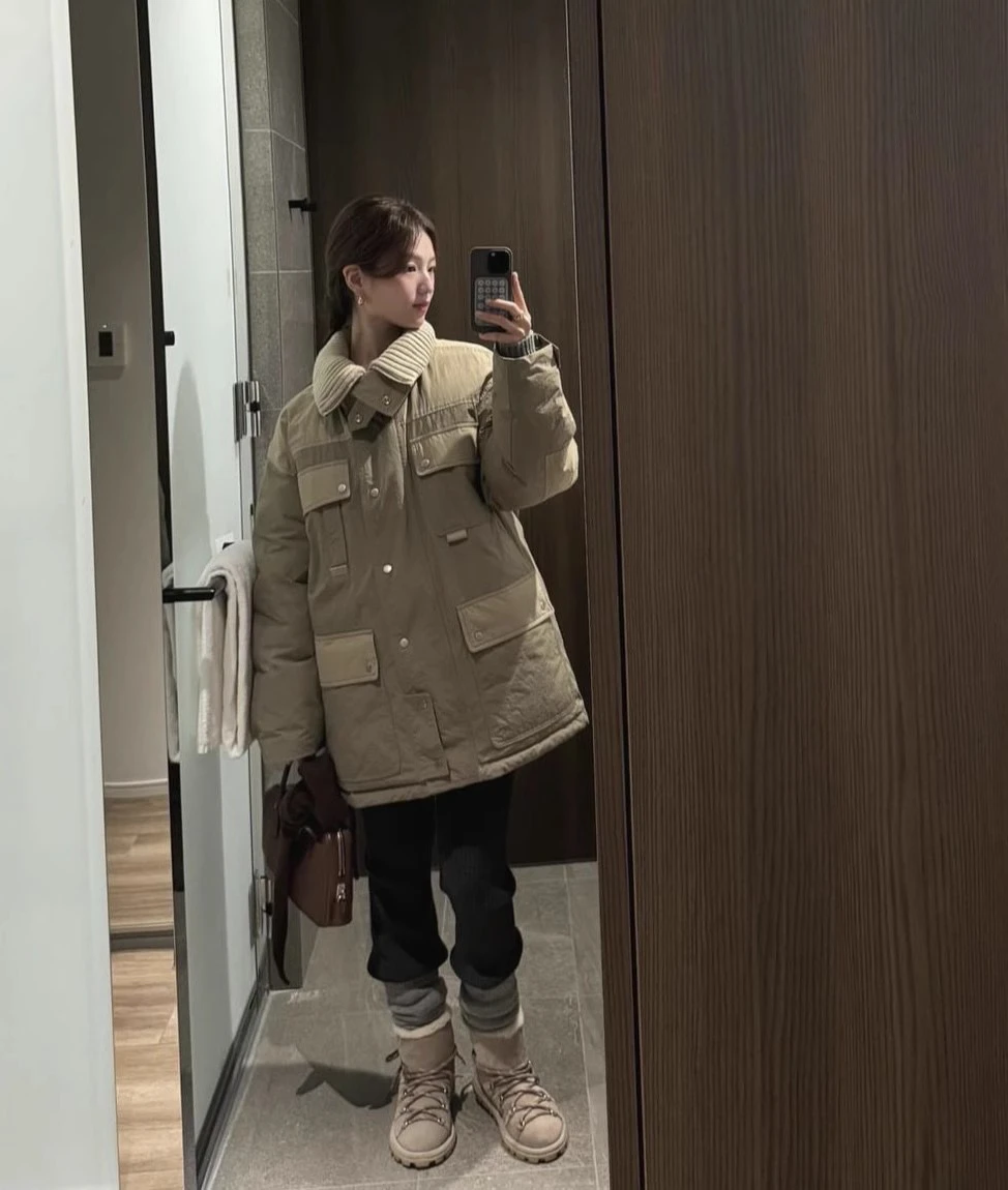 Chaqueta de Invierno PREON, Cuello Alto, Estilo Informal, con Parches, Ropa de Trabajo, Chaqueta Acolchada con Relleno de Plumón, Cierre de Cremallera Larga...