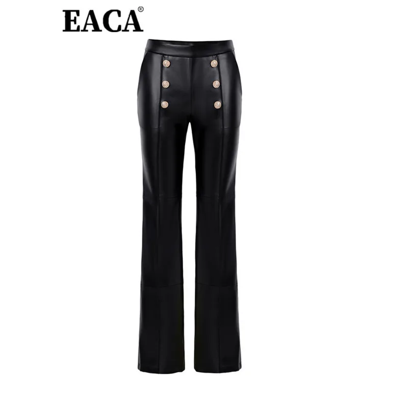 

EACA Temperament Solid Color Leather High Waist Micro Horn 2025 Spring/Summer New Wide Leg Pants Zipper Women's Pants