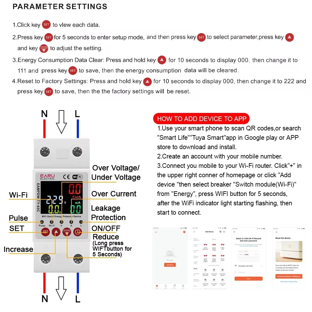 2P 63A Tuya Wifi Cyfrowy wyświetlacz LCD Zabezpieczenie prądu podnapięciowego kWh Miernik energii Miernik wycieku ziemi Przełącznik czasowy