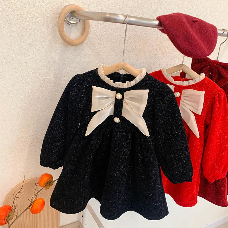 

Girls' Fleece-Lined Dress Winter New Fashionable Bowknot Children's Dress Little Girl Solid Color Princess Dress