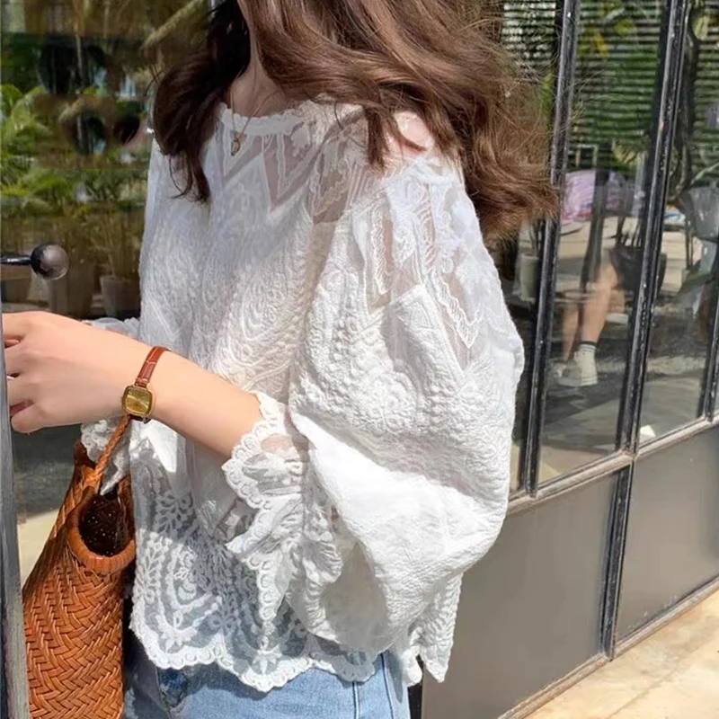 Crochet Long Sleeve Lace Blouse Women Elegant Casual Loose White Shirt Hollow Summer 2023 Ladies O Neck Tops Blusas Mujer 27340