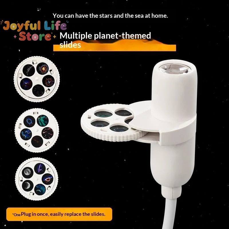 Projetor de galáxia alimentado por USB, padrões de múltiplos planetas, pescoço flexível para uso noturno romântico no quarto