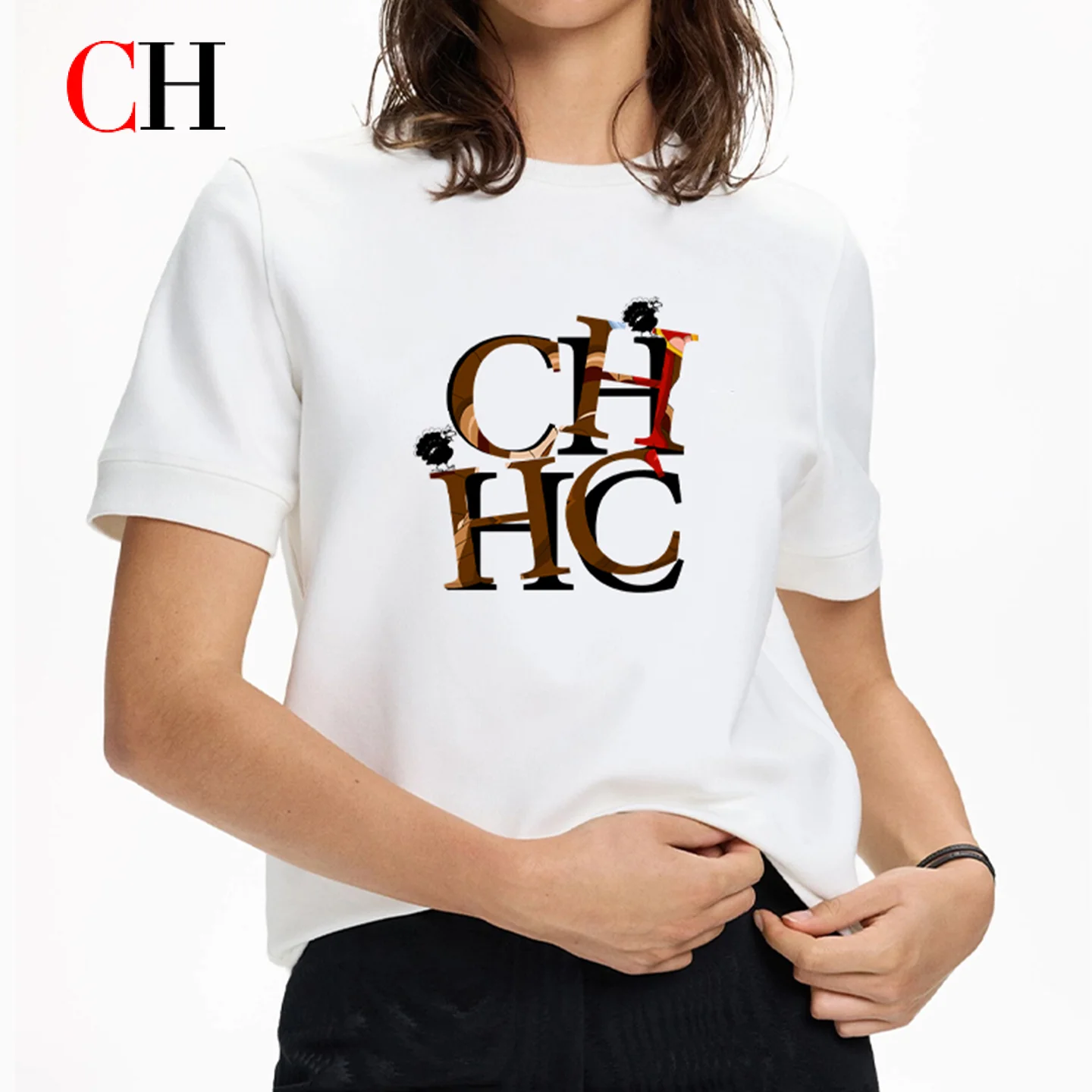 CH Women's Letter Graphic T-Shirt Short Sleeve Crew Neck Casual Slim Fit Tee Summer Fashion Everyday Streetwear Top