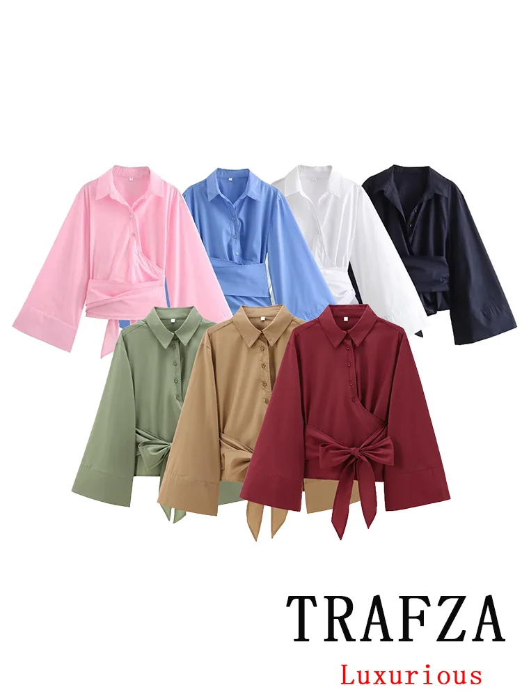 TRAFZA Vintage Casual Chic Women Blouse Solid Bow Long Sleeve Turn-down Collar Single Breasted Blouse Fashion 2024 Autumn Shirts