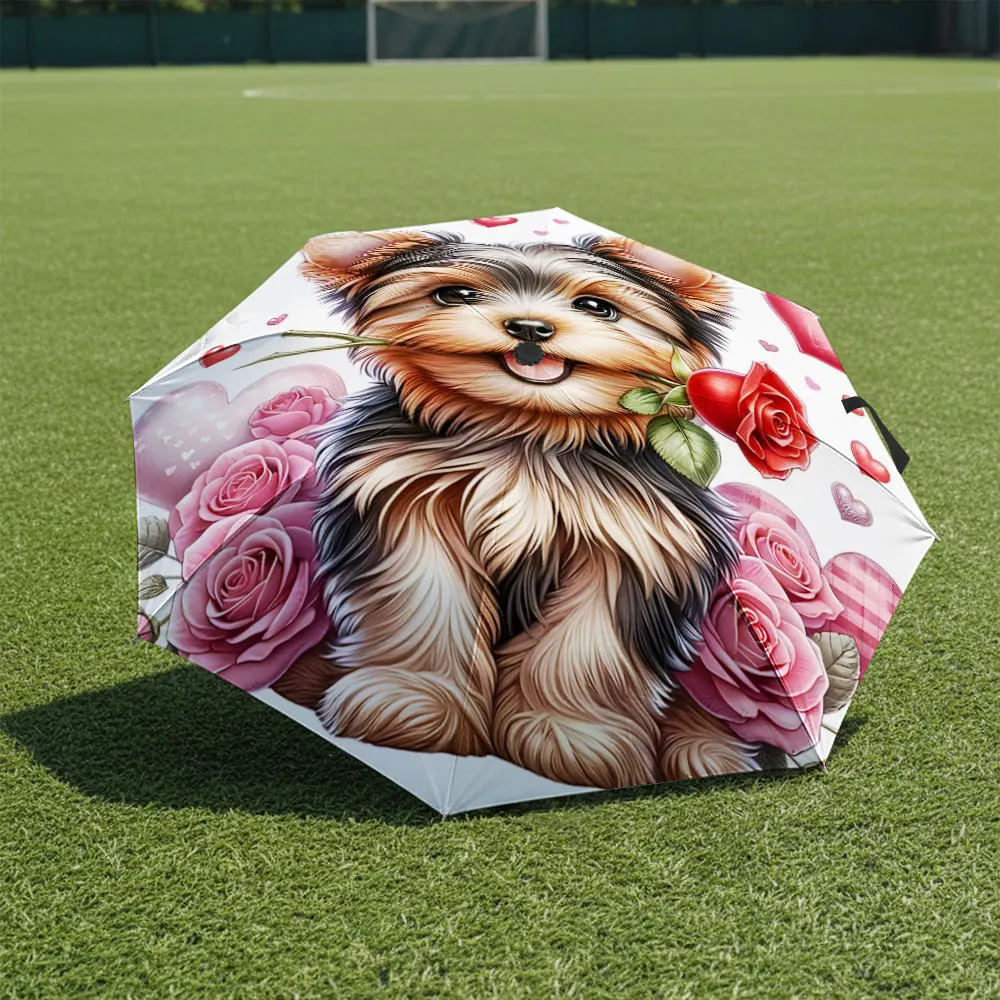 1P C Cute Puppy Umbrella in Front of Iconic Building Print 8 Iron Ribs Folding Umbrella Auto-Open Fashion Sunshade