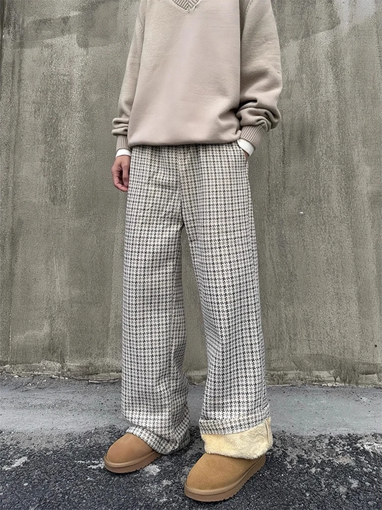 

Мужские зимние брюки из хлопка с флисовой подкладкой в стиле ретро, в клетку, с широкими штанинами, свободного кроя, теплые, повседневные, из овечьего вельвета