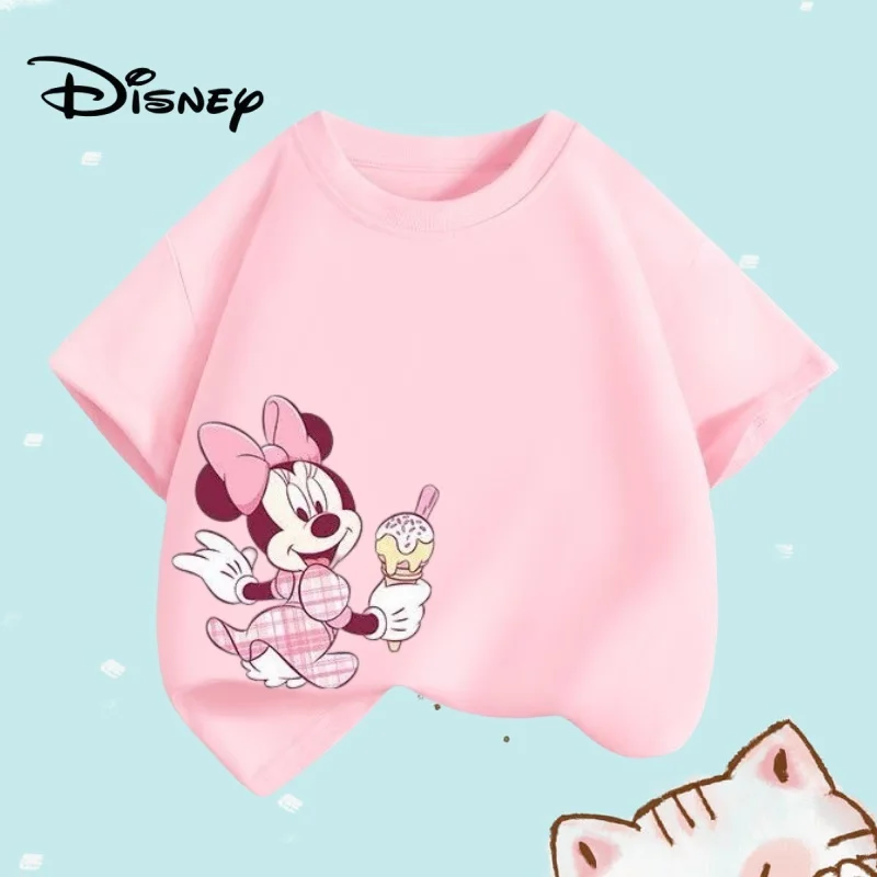Summer Baby Girls Solid Clothes Kid Boy Disney Minnie Printed Short Sleeve T-shirts Children Cartoon O-Neck Soft Breathable Top