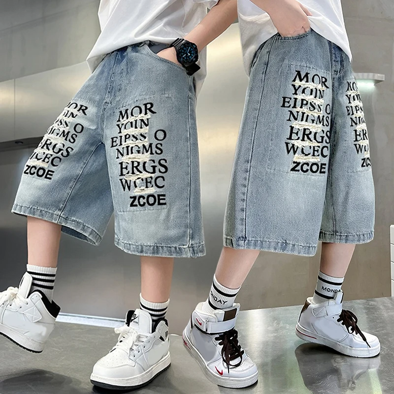 

New Summer Kids Fashion Ripped Denim Shorts With Letters For Teenage Boy Straight Knee Length Jeans Pants Child Age 5-16 Years