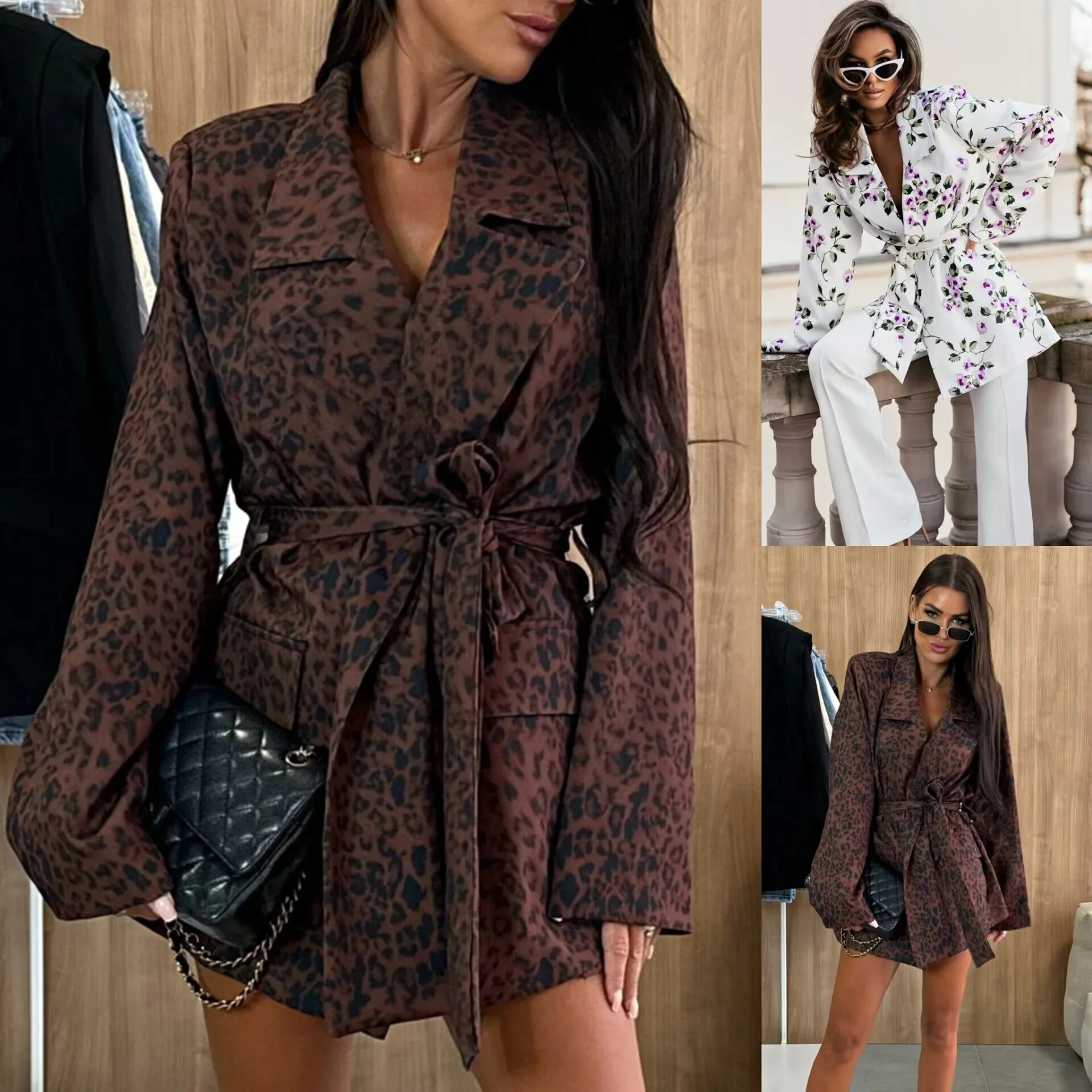 

Woman Leopard Print Lapel Lace Up Loose Coat Long Sleeve Fashion Commuter Jacket 2024 New Autumn Lady High Street Outerwears