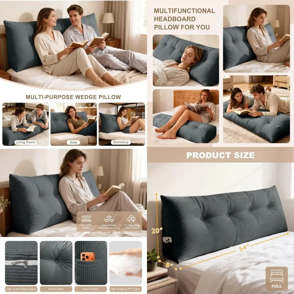 

Full Size Triangular Wedge Pillow for Bed Headboards, Removable Velvet Cover, Ideal for Daybeds and Bunk Beds