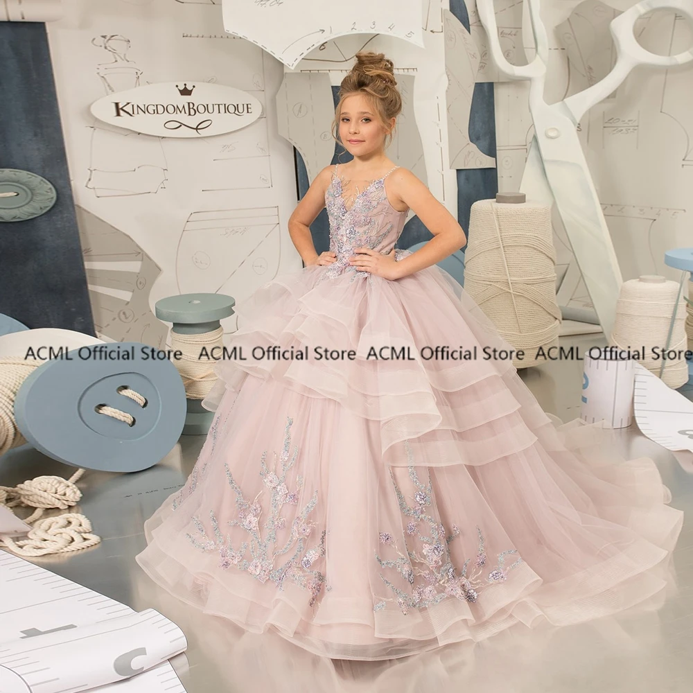 Fluffy Tulle Organza Applique Flower Girl Dresses Sleeveless Princess Gowns 2023  Summer Button Back Vestidos De Niña De Las Flo