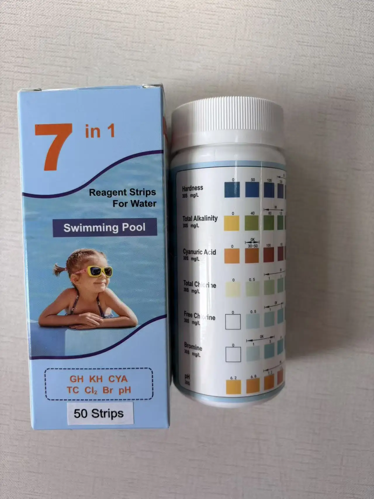 

100pcs Multipurpose 7 in 1 PH and Chlorine Test Strips SPA Swimming Pool Water Tester Paper Hardness Tool