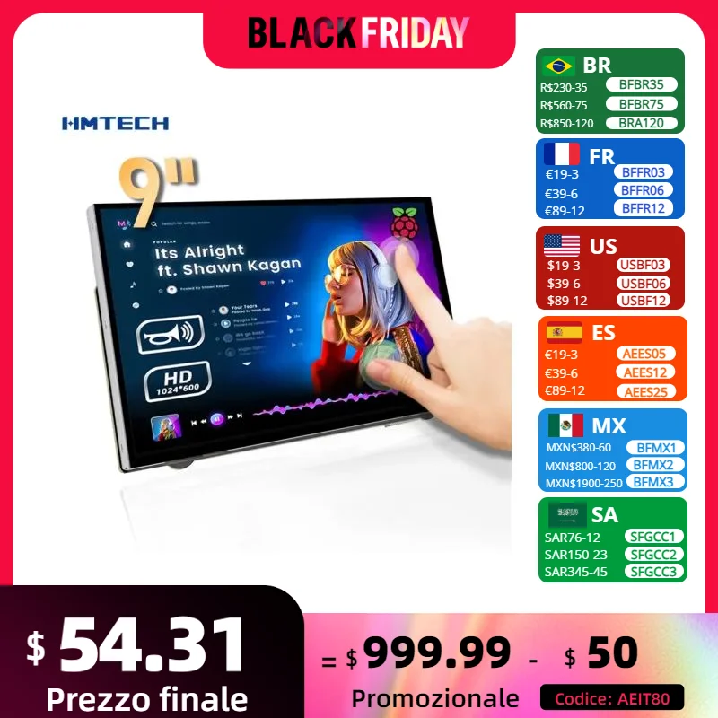 9 inch Touch Portable Screen HDMI Monitor Built In Dual-Speakers Laptop Gaming Display for Raspberry Pi Win System IPS 1024x600