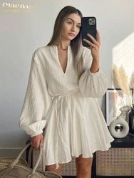 Clacive Fashion Loose Beige Cotton Women's Dress Casual V-Neck Long Sleeve Mini Dresses Elegant Lace-Up Pleated Female Dress