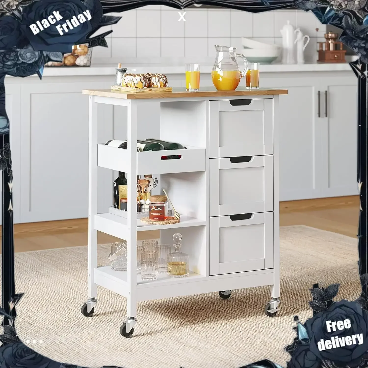 

Kitchen Island Cart on Wheels with Storage, Rolling Portable Dining Room Serving Utility Carts Mobile Movable with 3 Drawers