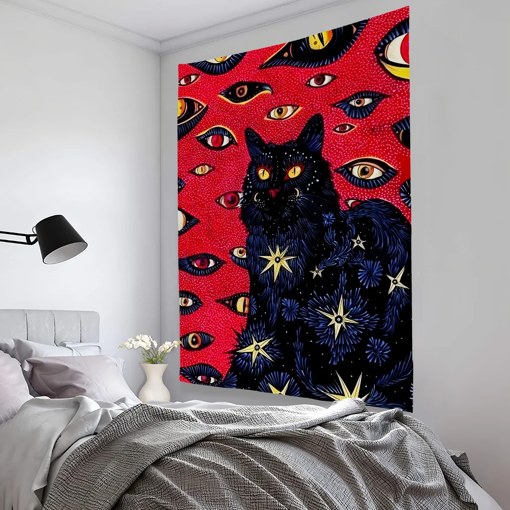 

Cool Eyes Cat Witchcraft Hippie Tapestry Bedroom Living Bar Outdoor Microfiber Festival Decoration Background Art Banner