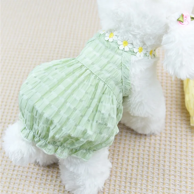 

Korean Wrap Skirt Summer Plaid Dog Clothes Green Floral Teddy Sling Short Puppy Vest Pet Birthday Dresses S-2XL