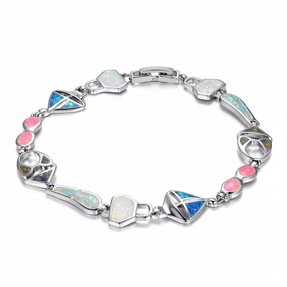 Unique Art Lab Created Opal Opal Bracelet Rainbow Fire Multi Shape Link Bracelet Mixed Color Irregular Hand Chain Women