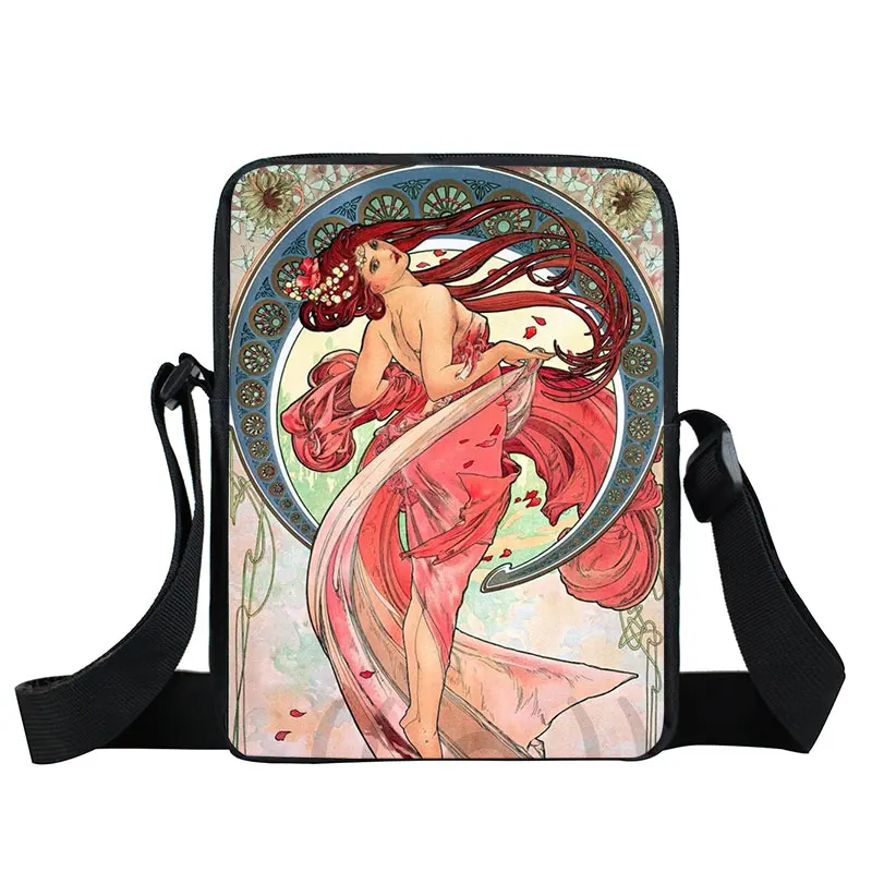 Oil Painting By Alphonse Mucha Print Crossbody Bag Women Handbag Messenger Bags Phone ID Card Key Shoulder Bag Holder Book Bags